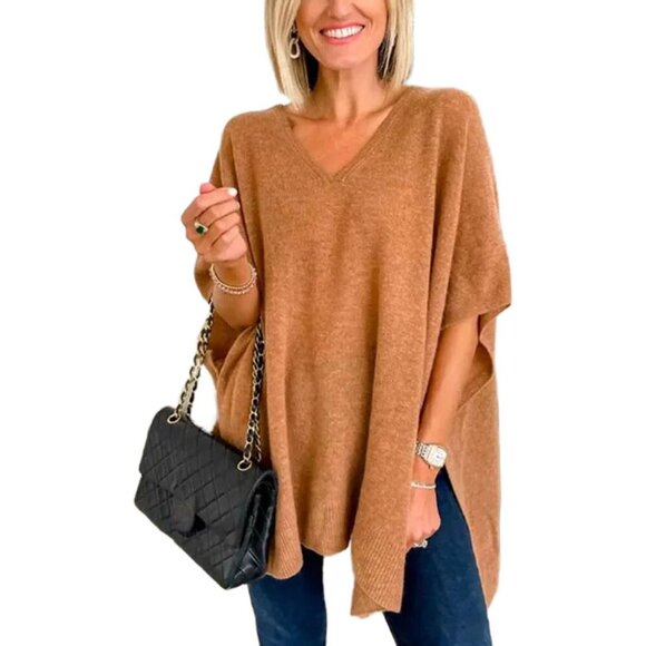 Women V Neck Poncho Sweater Knit Wraps Sleeveless Pullover Casual Wear